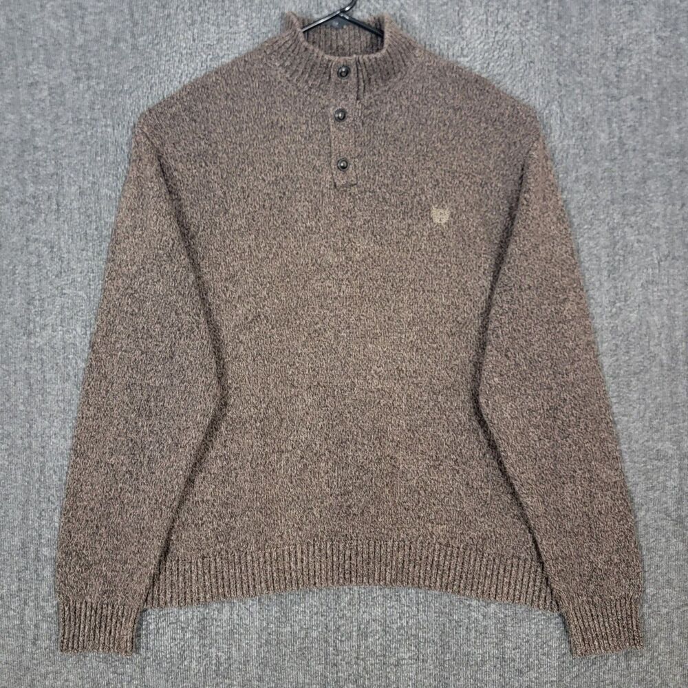 Chaps Sweater Mens XXL Heather Brown Cotton Henley Mock Neck Elbow Patches